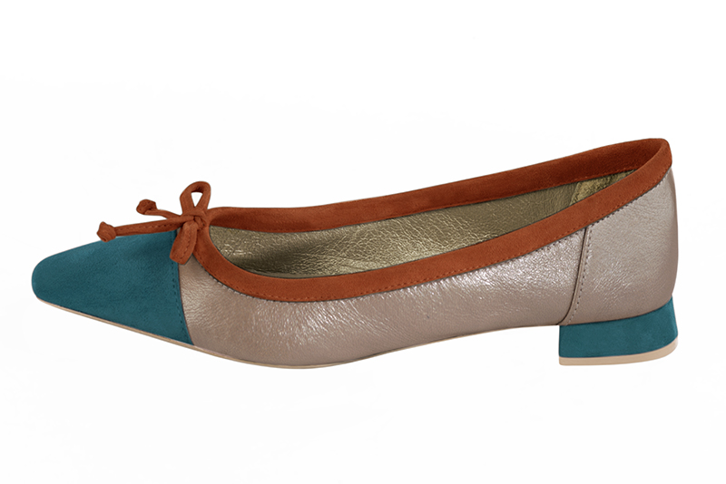 Peacock blue, tan beige and terracotta orange women's ballet pumps, with low heels. Square toe. Flat flare heels. Profile view - Florence KOOIJMAN